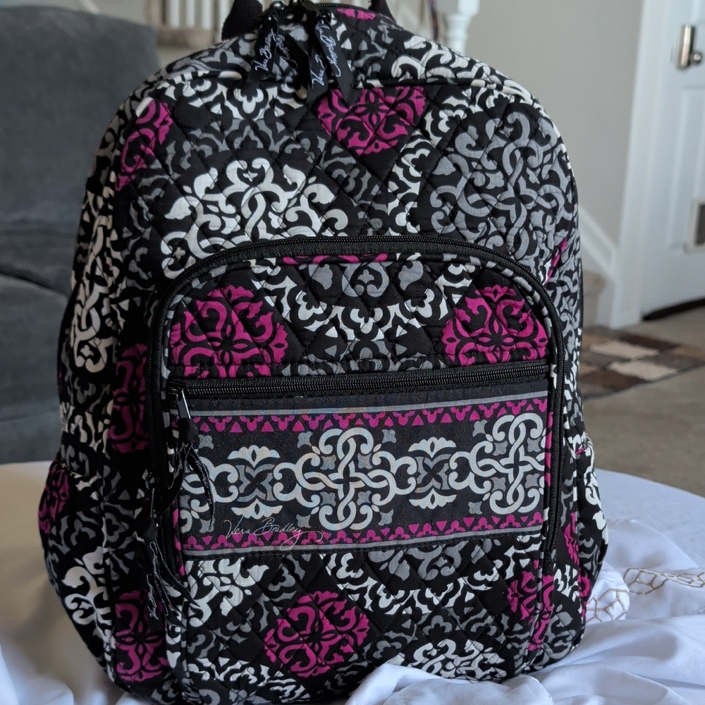 Vera Bradley Quilted Black, White & Fuchsia Pattern Backpack